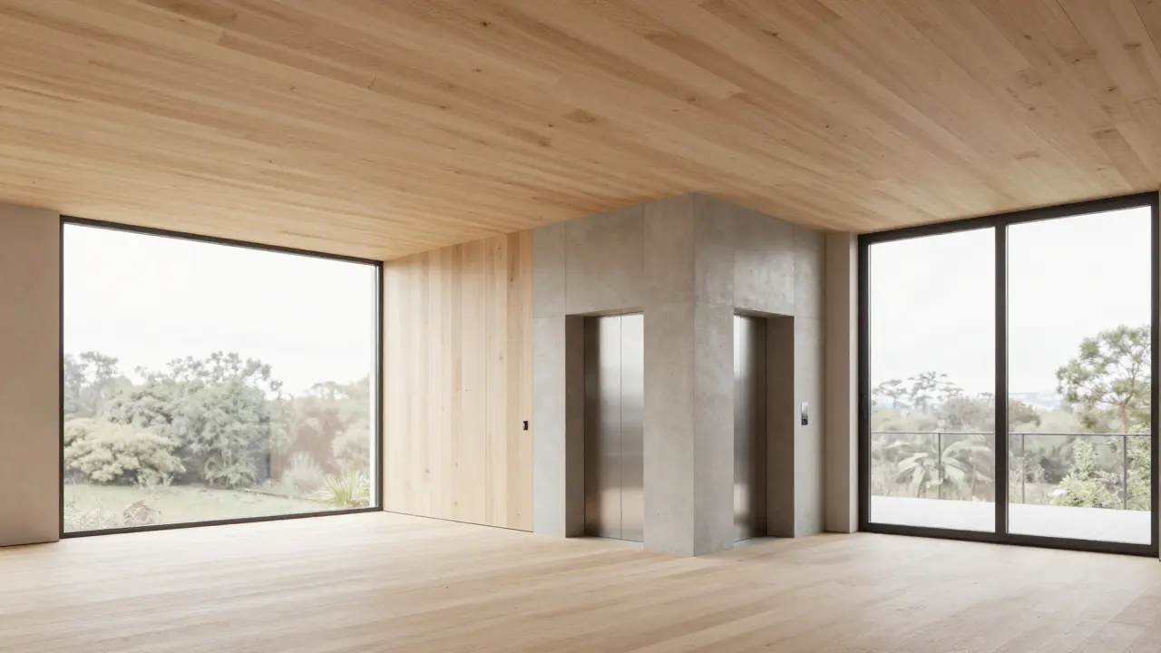 Moderner Wohnraum in Hybridbauweise mit sichtbaren Holzdecken und Betonkern.