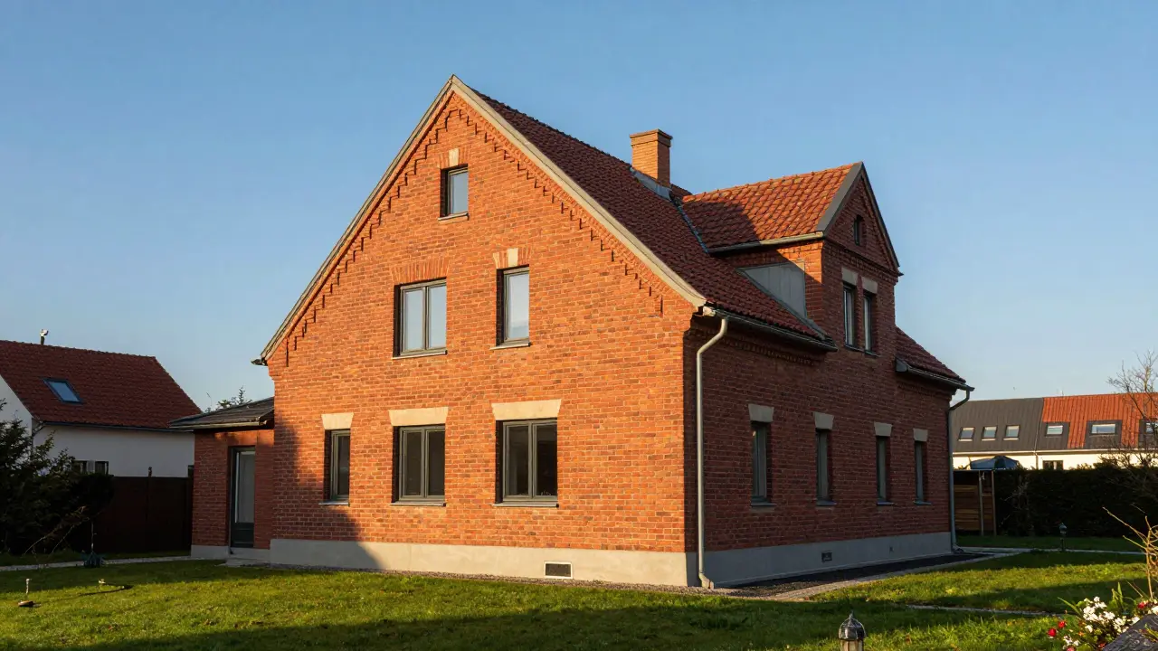 Modernisiertes Wohnhaus in Österreich mit einer zeitlosen roten Klinkerfassade.