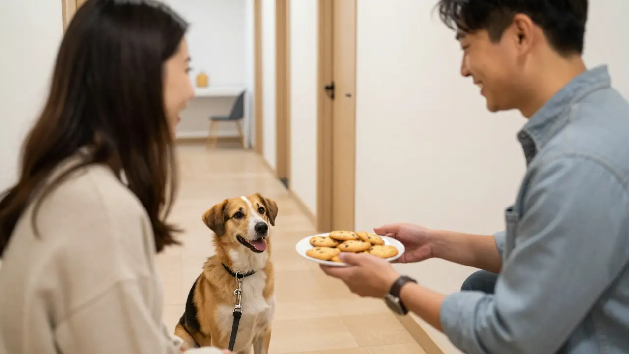 Nachbar überreicht freundlich Kekse während der Hund brav daneben sitzt.