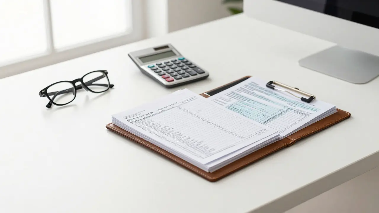 Organisierter Schreibtisch mit Steuerbelegen, Kalkulator und Fachunterlagen