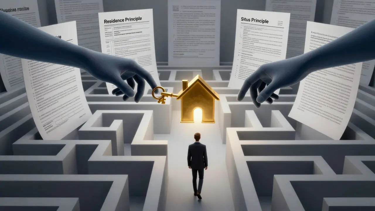 Person in einem Labyrinth aus riesigen Steuerformularen und Gesetzestexten