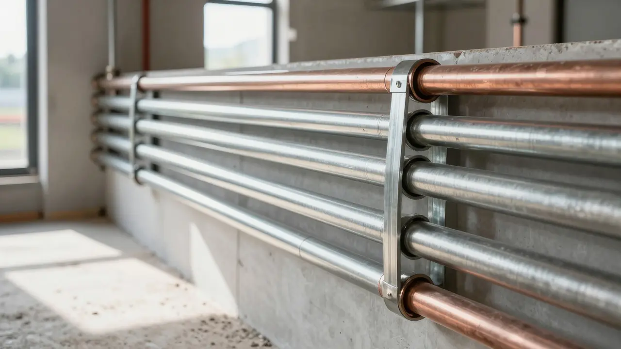 Professionell installierte Metallwasserleitungen in einer modernen Wand.