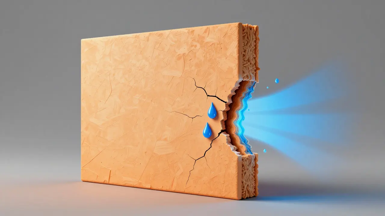 Querschnitt einer Hauswand, der den Unterschied zwischen trockener und feuchter Dämmung zeigt.