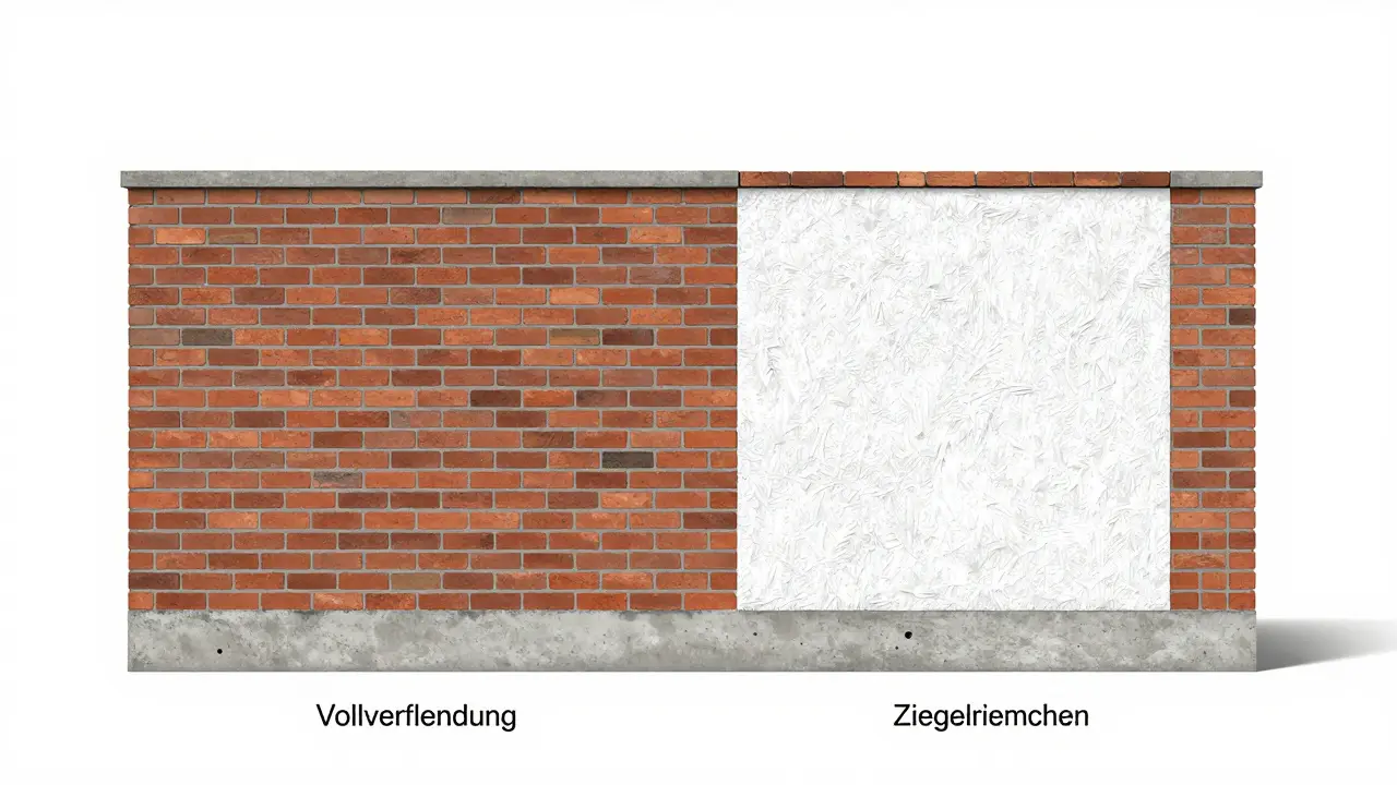 Querschnittvergleich zwischen massiver Vollverblendung und dünnen Ziegelriemchen auf Dämmung.