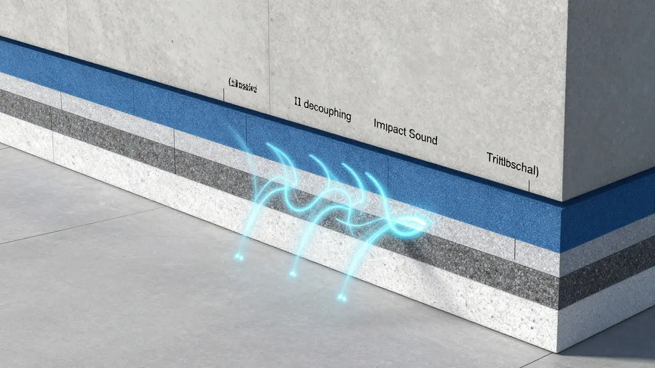 Technischer Querschnitt einer Wand mit verschiedenen Schallschutzkonstruktionen und Dämmschichten.