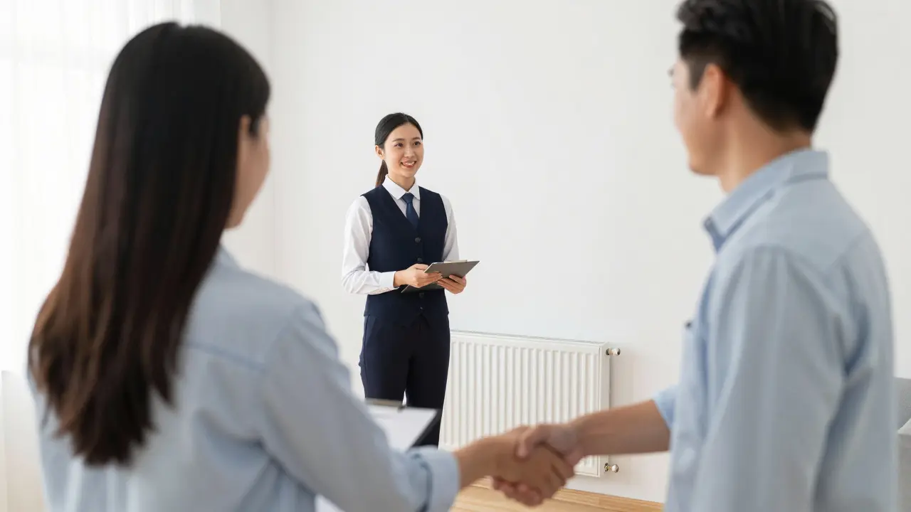 Vermieter und Mieter geben sich in einer gepflegten Wohnung die Hand.