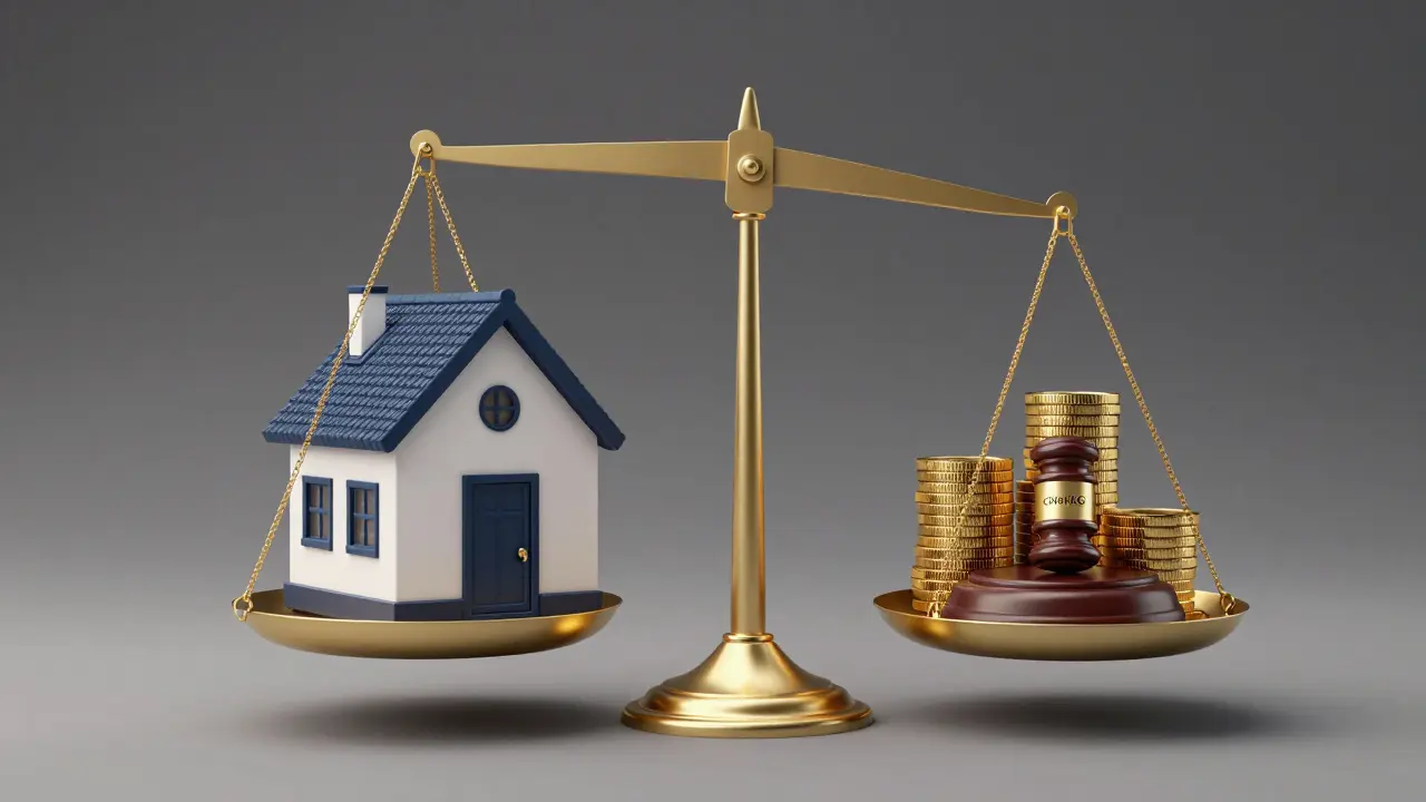 Waage mit Hausmodell und Goldmünzen als Symbol für rechtliche Gebühren