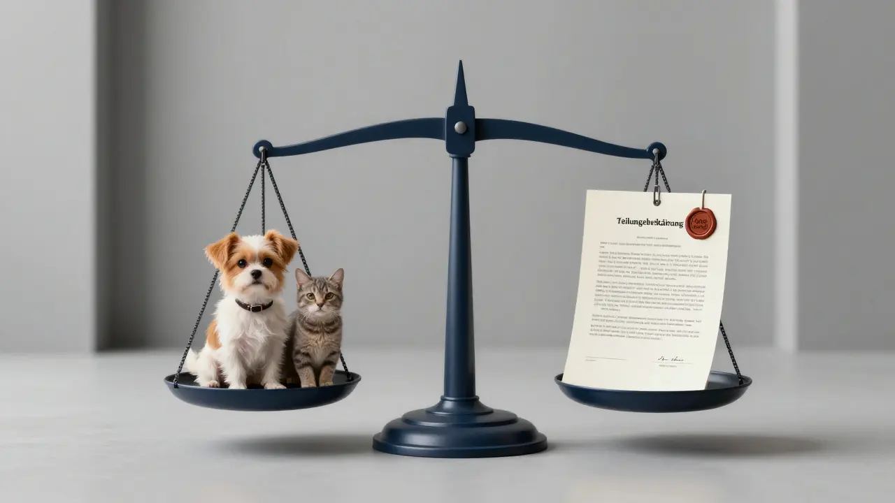 Waage mit Haustieren auf einer Seite und einem Rechtsdokument auf der anderen.
