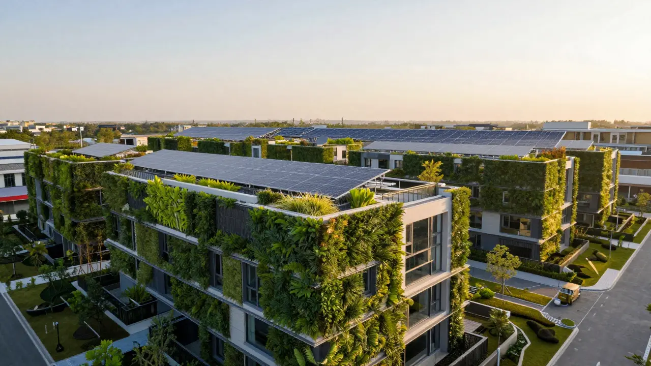 Wohnkomplex mit begrünter Terrasse und integrierten Solarmodulen