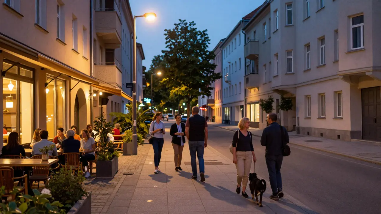 Beleuchtete Wohnstraße mit aktiven Nachbarn zeigt sicheres Gemeinschaftsgefühl.