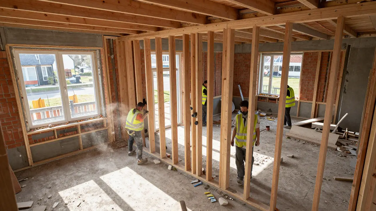 Blick auf das entkernte Innere eines Hauses während der Rückbau-Phase mit freigelegten Strukturen