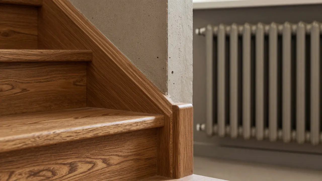 Detailaufnahme von Eichenholztreppe und Betonwand im Retro-Stil