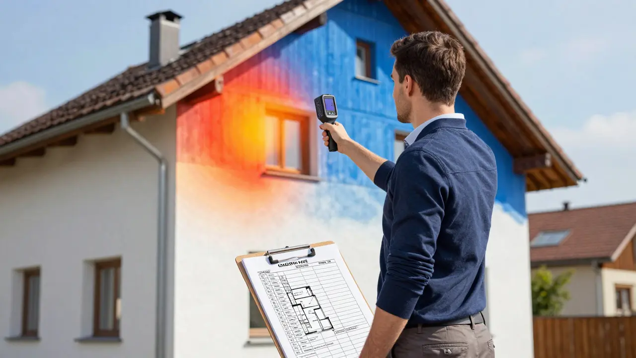 Energieberater prüft Hausfassade mit Wärmebildkamera