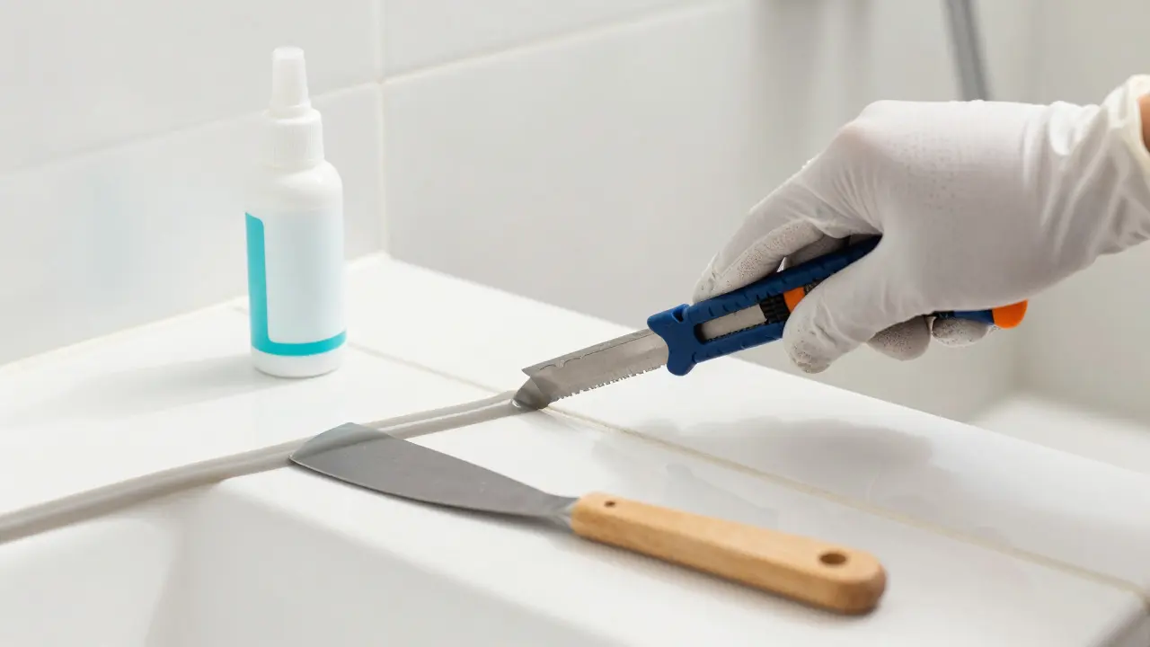 Entfernen alter Silikonfugen mit Messer und Spachtel