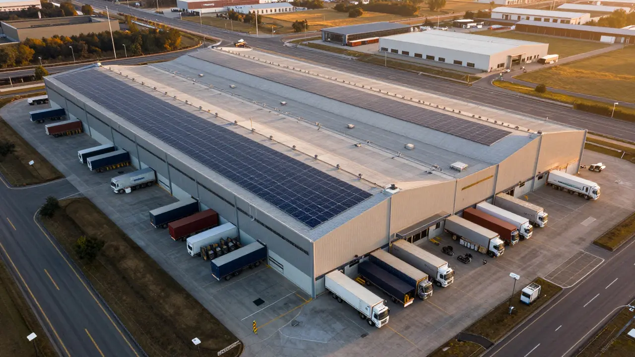 Großes Logistikzentrum mit Lkw, das den E-Commerce-Boom darstellt