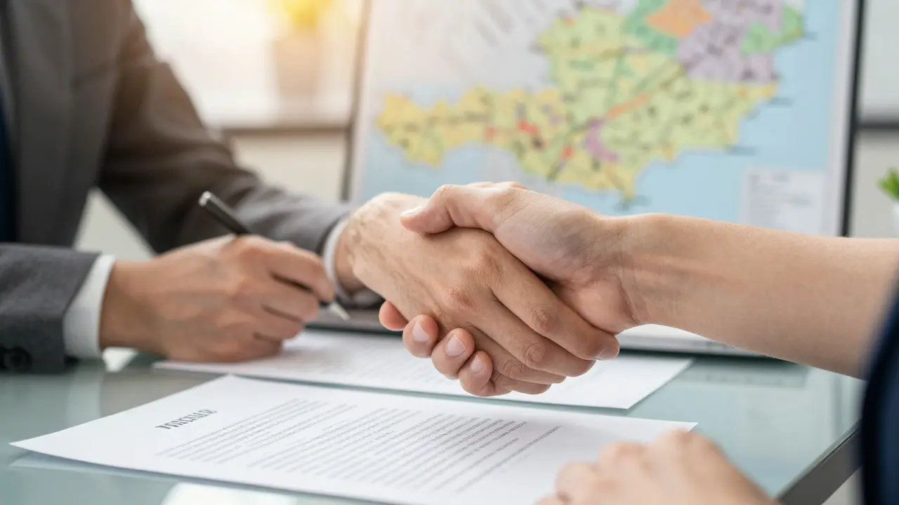 Handschlag über einem unterschriebenen Immobilienvertrag