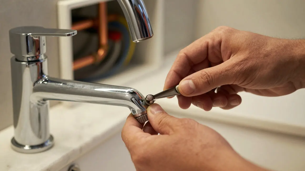 Handwerker installiert Armatur und zeigt Rohrinstallation im Detail
