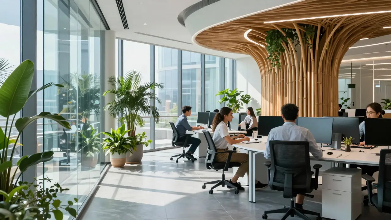 Helle, nachhaltige Bürofläche mit Pflanzen, die moderne Arbeitskonzepte zeigt