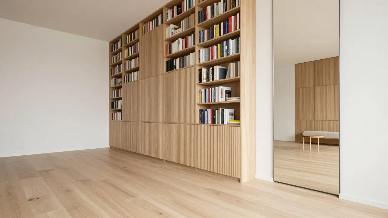 Hohes Regal und vertikale Holzpanele im modernen Wohnraum