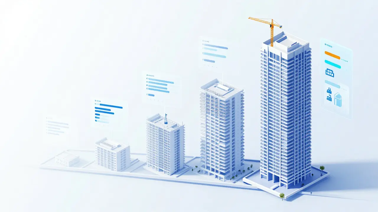 Holografische 4D-BIM-Visualisierung eines wachsenden Hochhausmodells