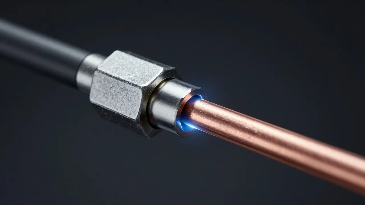 Makroaufnahme einer gasdichten Kupferverbindung in Metallhülse
