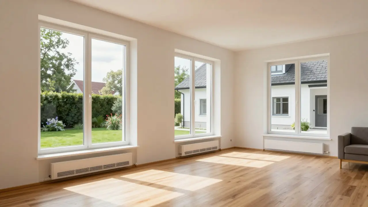 Modern renoviertes Wohnzimmer mit neuen Fenstern und Fußboden nach einer vollständigen Kernsanierung