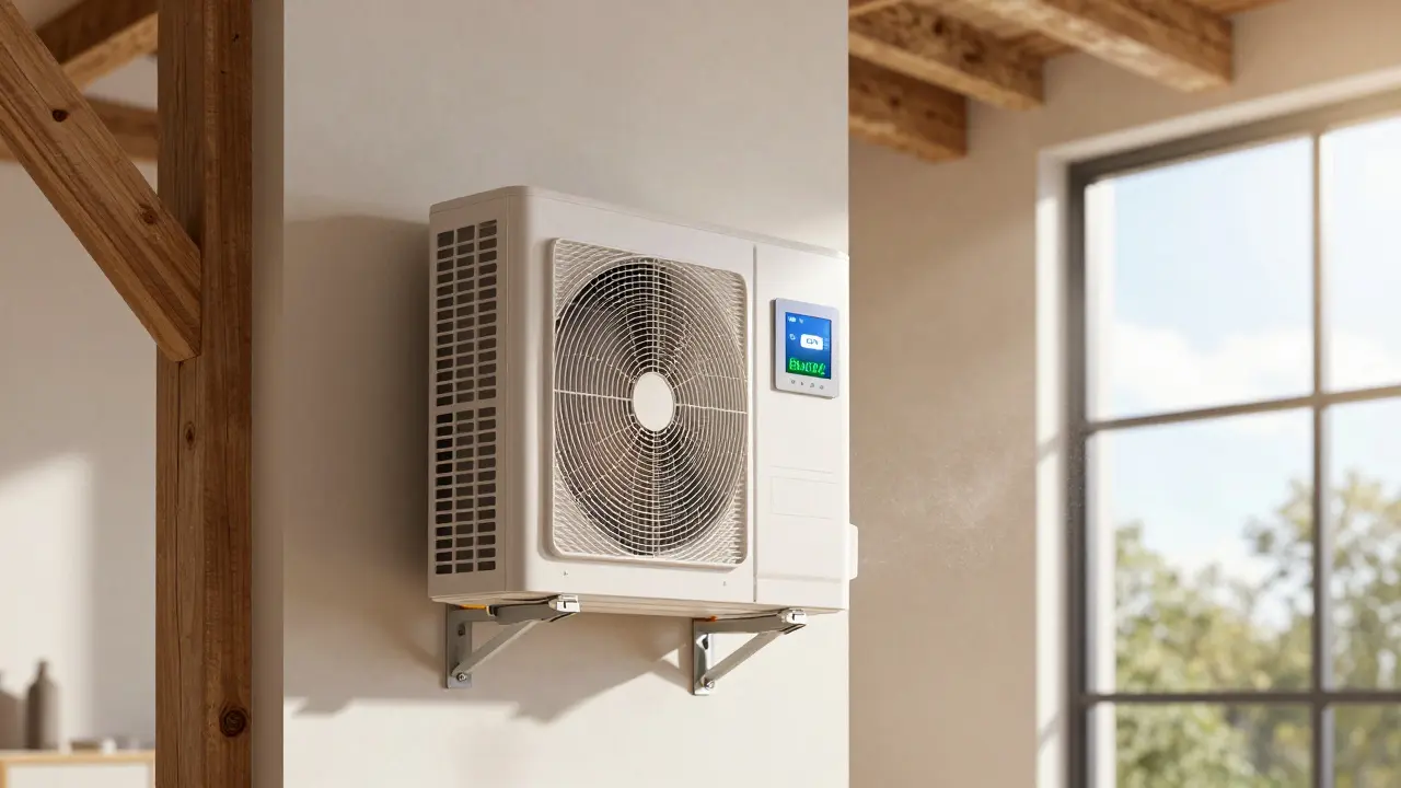 Moderne Wärmepumpe und Thermostat im renovierten Haus