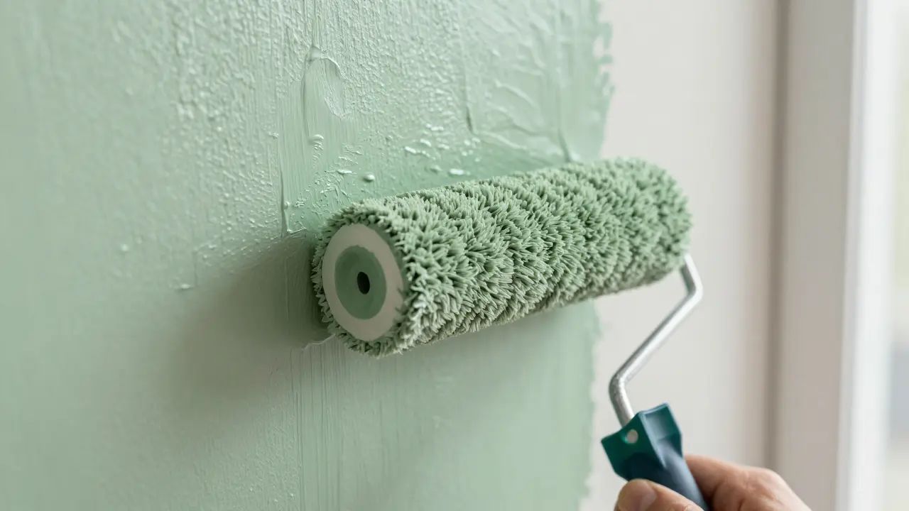 Nahaufnahme einer Rolle, die Farbe auf eine Wand aufträgt