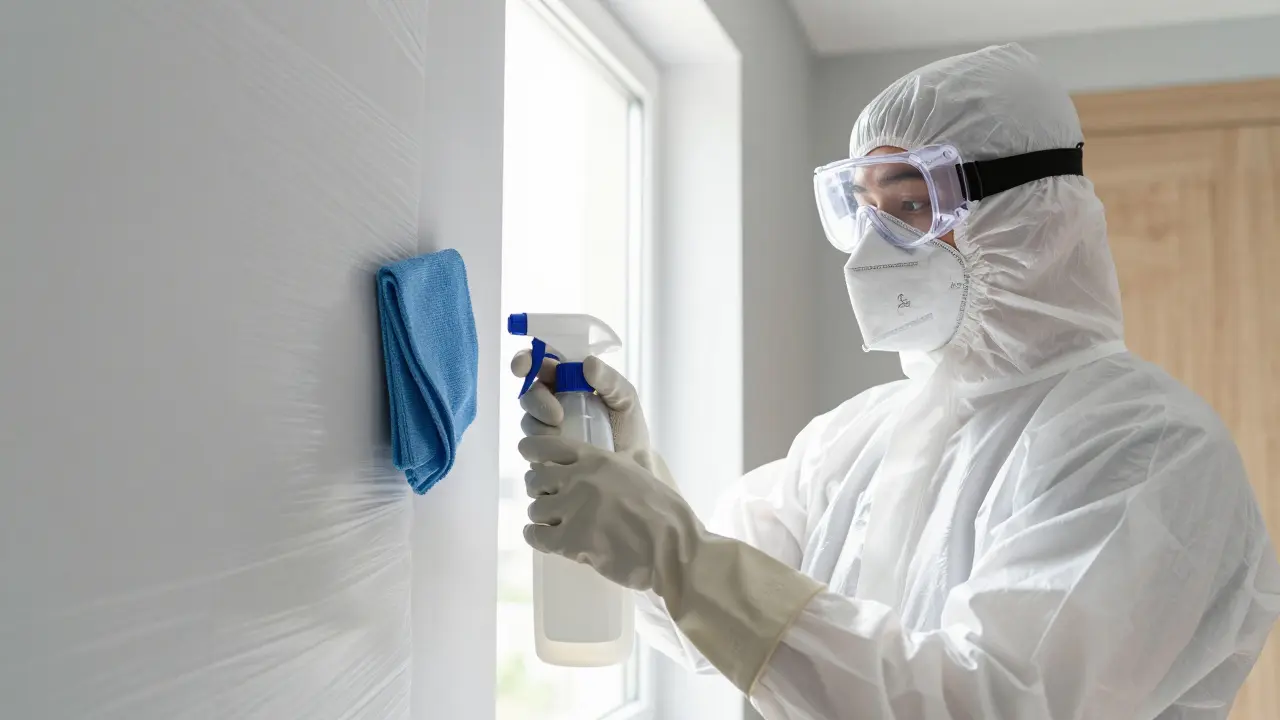 Person mit Schutzmaske und Handschuhen bereitet die Reinigung vor