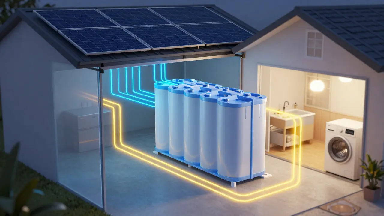 Schnittmodell einer Batteriespeicheranlage, die Solarstrom für das Haus speichert