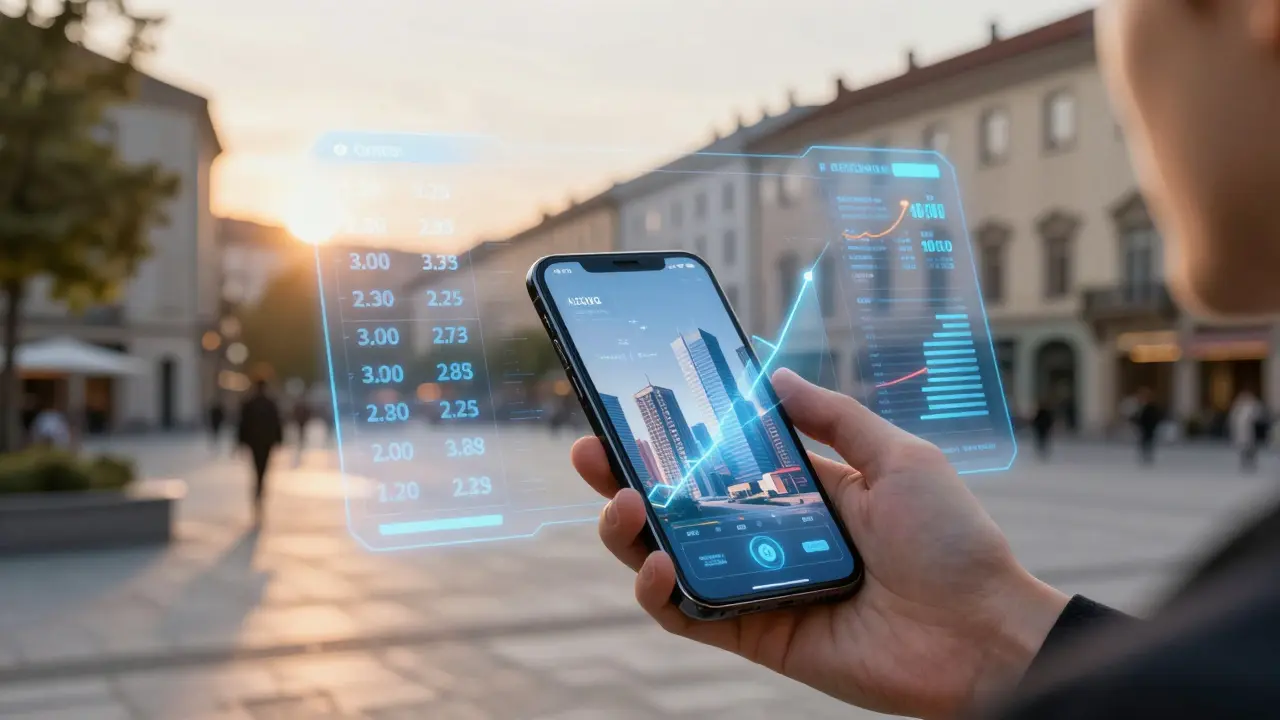 Smartphone projiziert AR-Daten und KI-Prognosen über eine Stadtstraße.