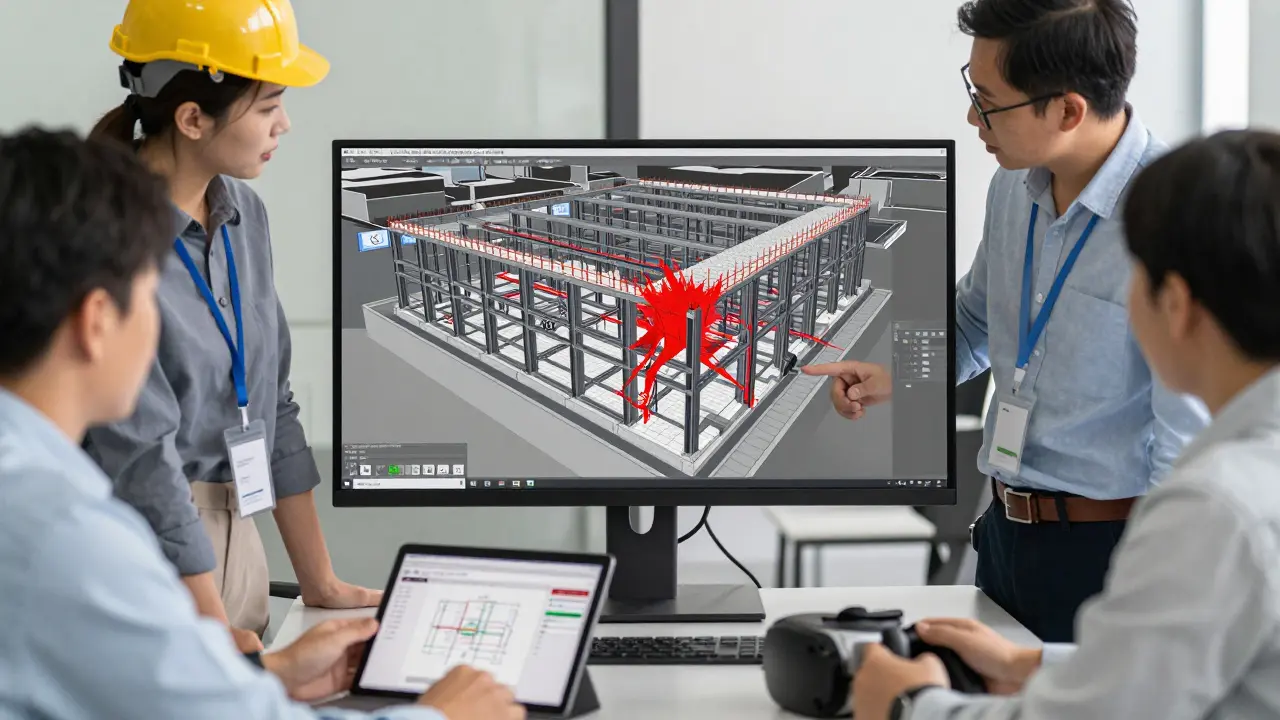 Team prüft Kollisionen im digitalen 3D-Gebäudemodell am Monitor
