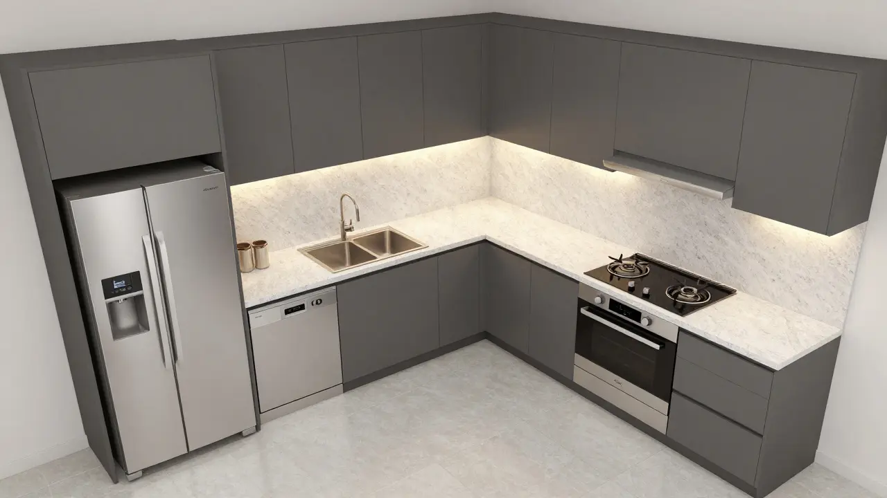 U-förmige Küche mit klar definierten Arbeitszonen für Kochen, Waschen und Vorratshaltung.