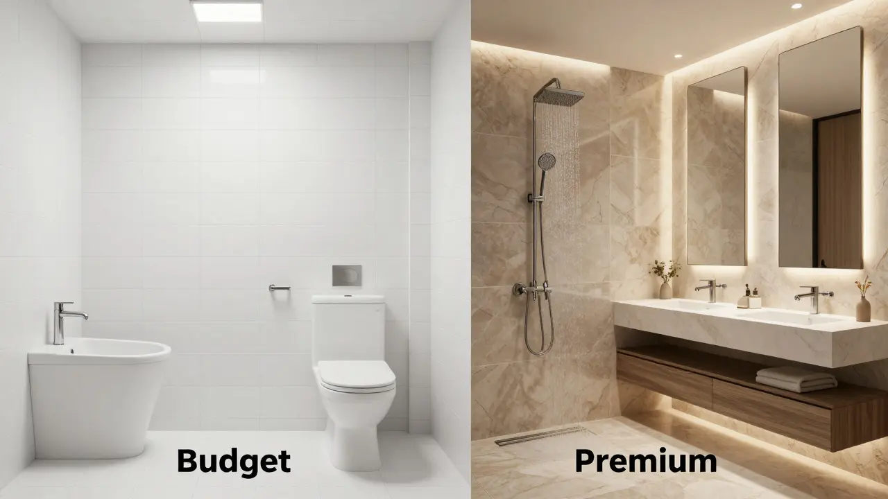 Vergleich von Budget- und Luxus-Badgestaltung in einer Split-Aufnahme