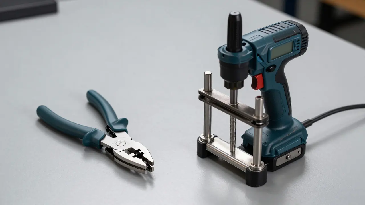 Vergleich von manueller und hydraulischer Presszange auf Werkbank