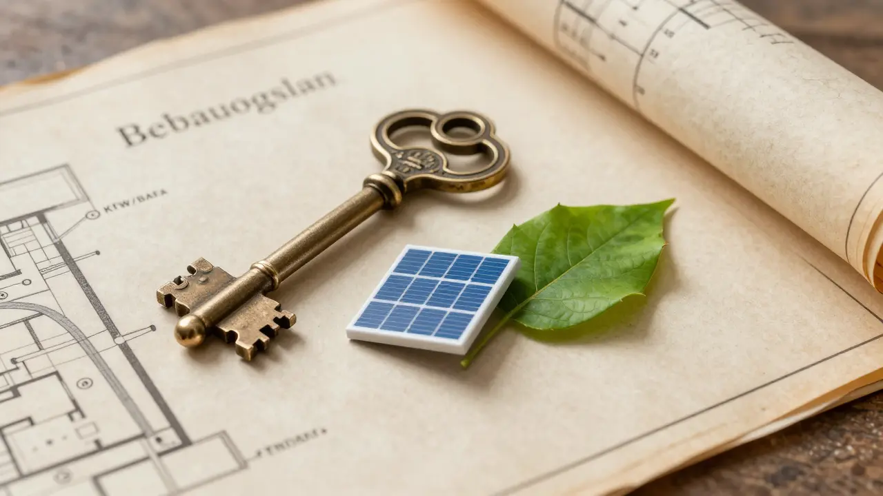 Altes Haus-Schlüssel auf Bauplan neben Solar-Icon