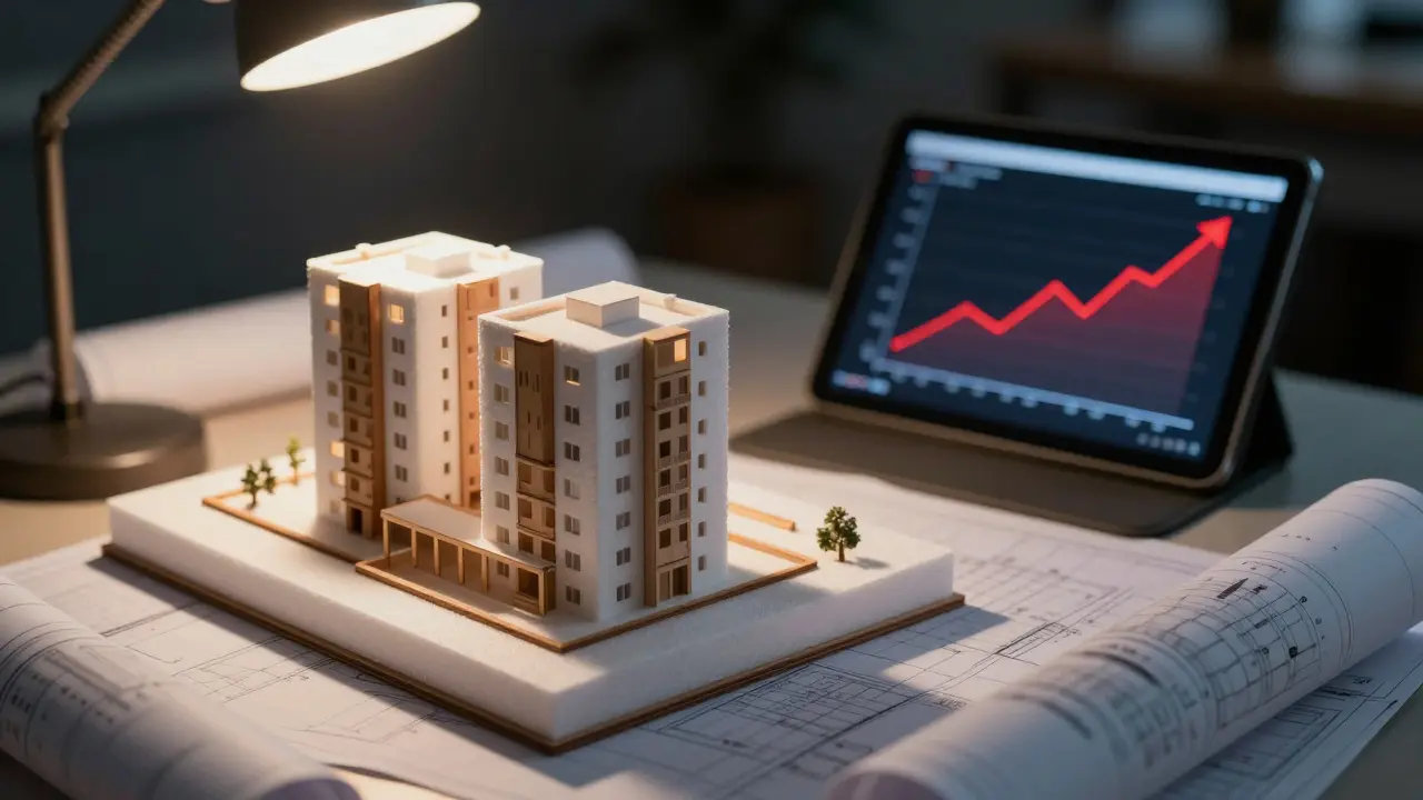 Architektenmodell auf dem Schreibtisch mit Grafiken zu steigenden Baukosten