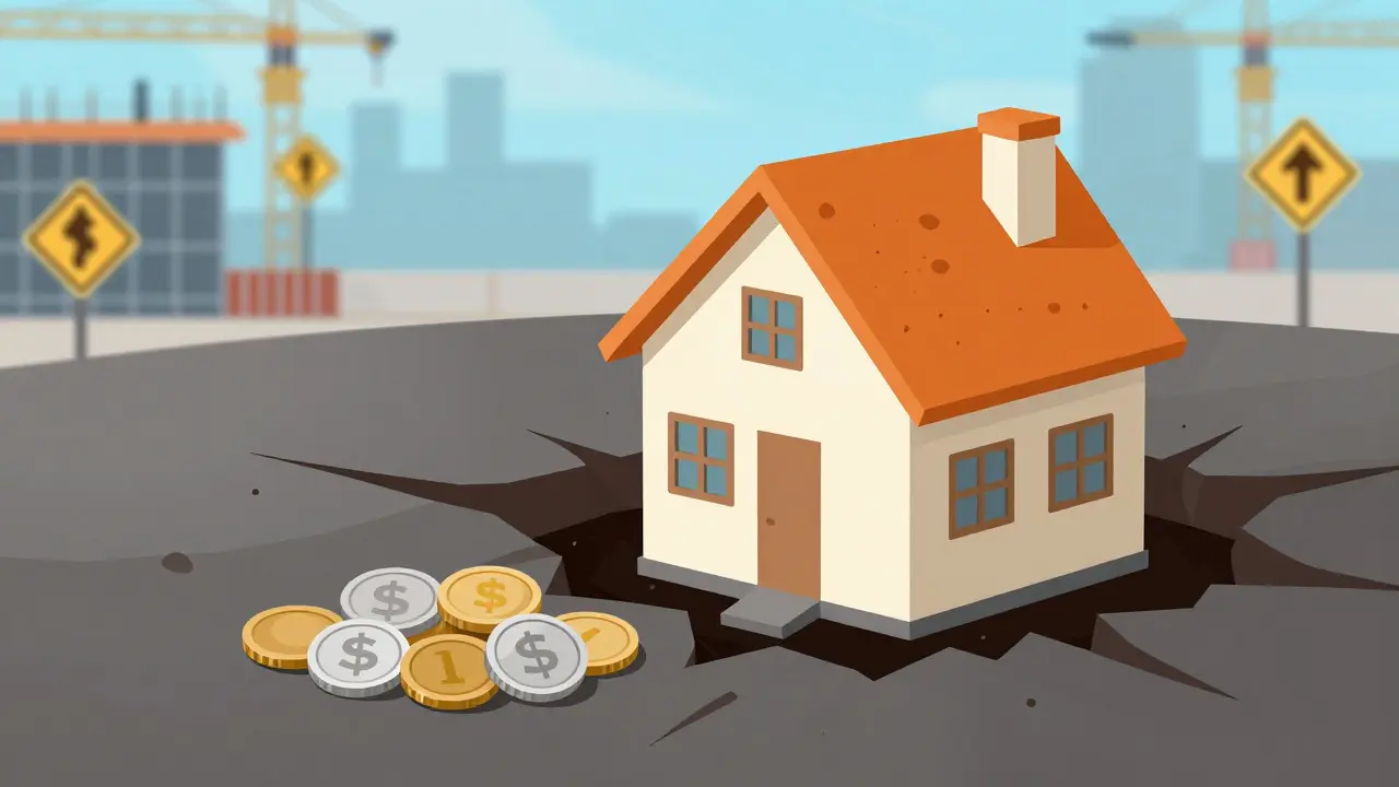 Coins protecting a house model from sinking into cracked ground