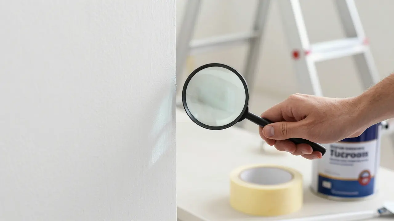 Detailaufnahme einer perfekt gestrichenen Wandecke mit Lupe