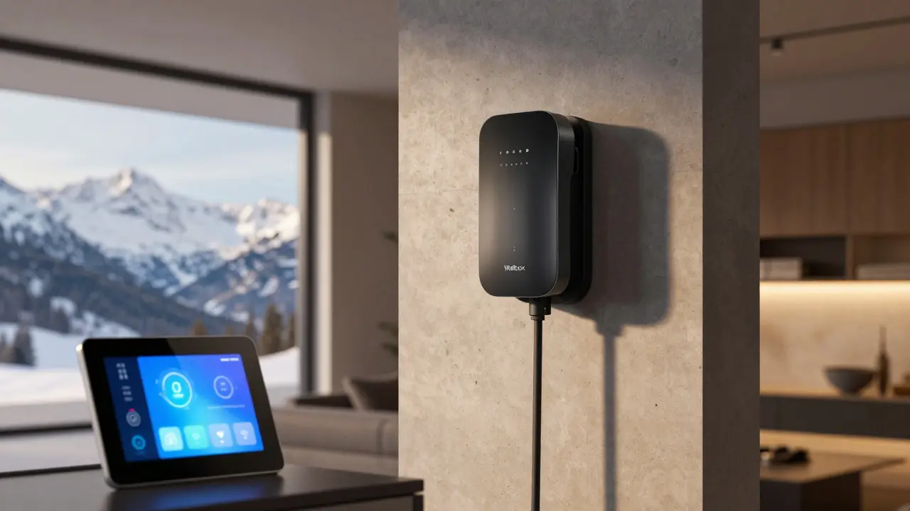 E-Auto-Ladestation in modernem Wohnzimmer mit Alpenblick