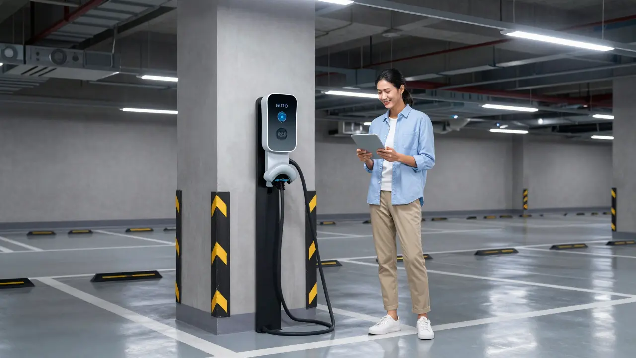 E-Auto lädt an moderner Säule in sauberer Tiefgarage mit digitaler Verwaltung