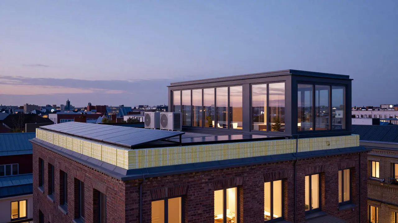 Energieeffiziente Fassade und Dachterrasse eines Penthouses