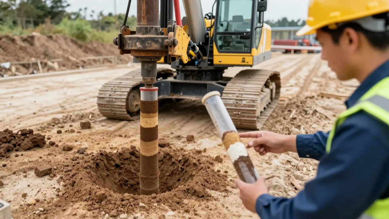 Engineer examining soil core samples from a drilling rig on site