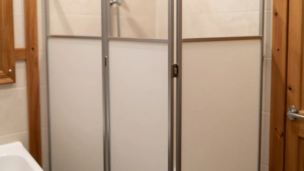 Faltbare Duschabtrennung neben einer Badewanne in kleinem Raum