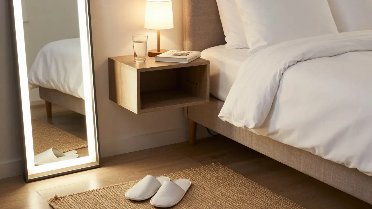 Gepflegtes Gästebett mit Lampe, Wasser und Hausschuhen
