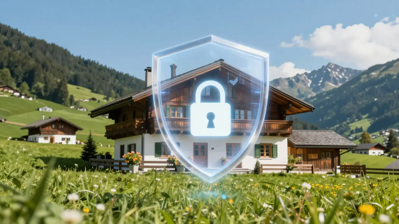 Haus mit schützendem digitalen Schild vor alpinem Hintergrund
