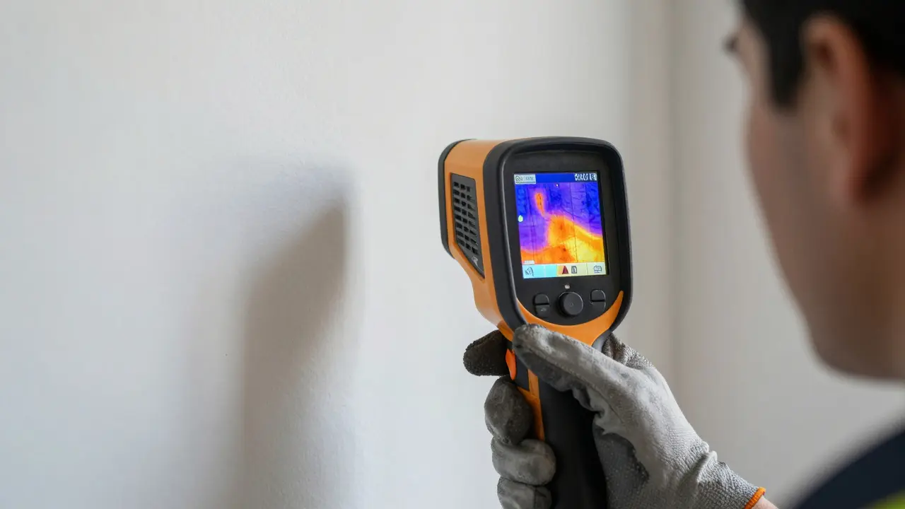 Inspektor nutzt Wärmebildkamera zur Feuchtigkeitsprüfung an der Wand