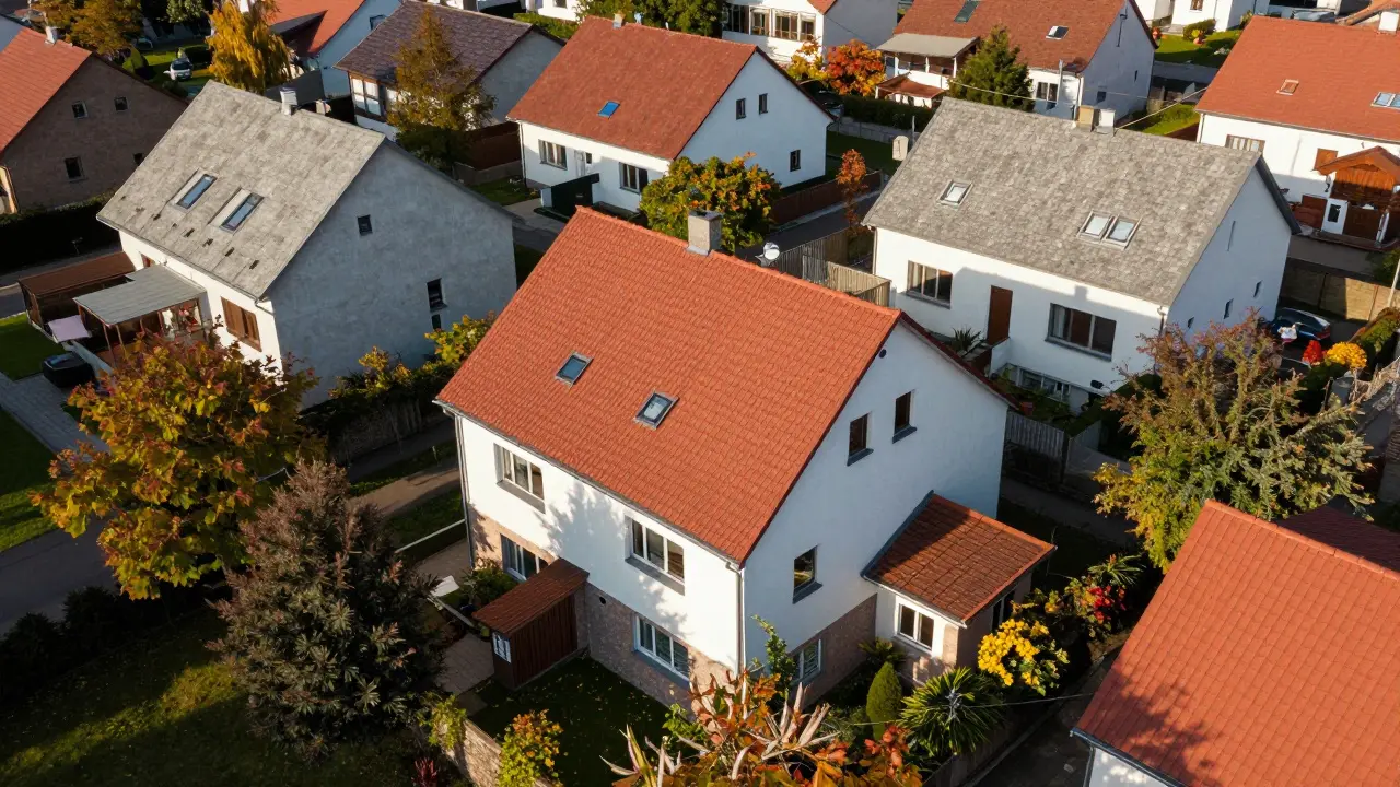 Luftaufnahme österreichischer Häuser mit verschiedenen Dachmaterialien im Herbst