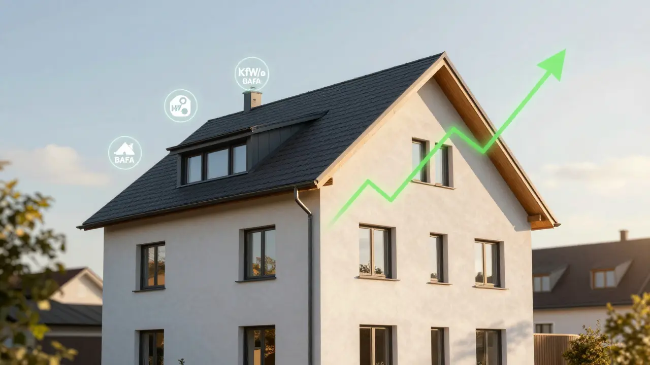 Modernisiertes Haus als Wertanlage mit Fördergeld-Symbolen