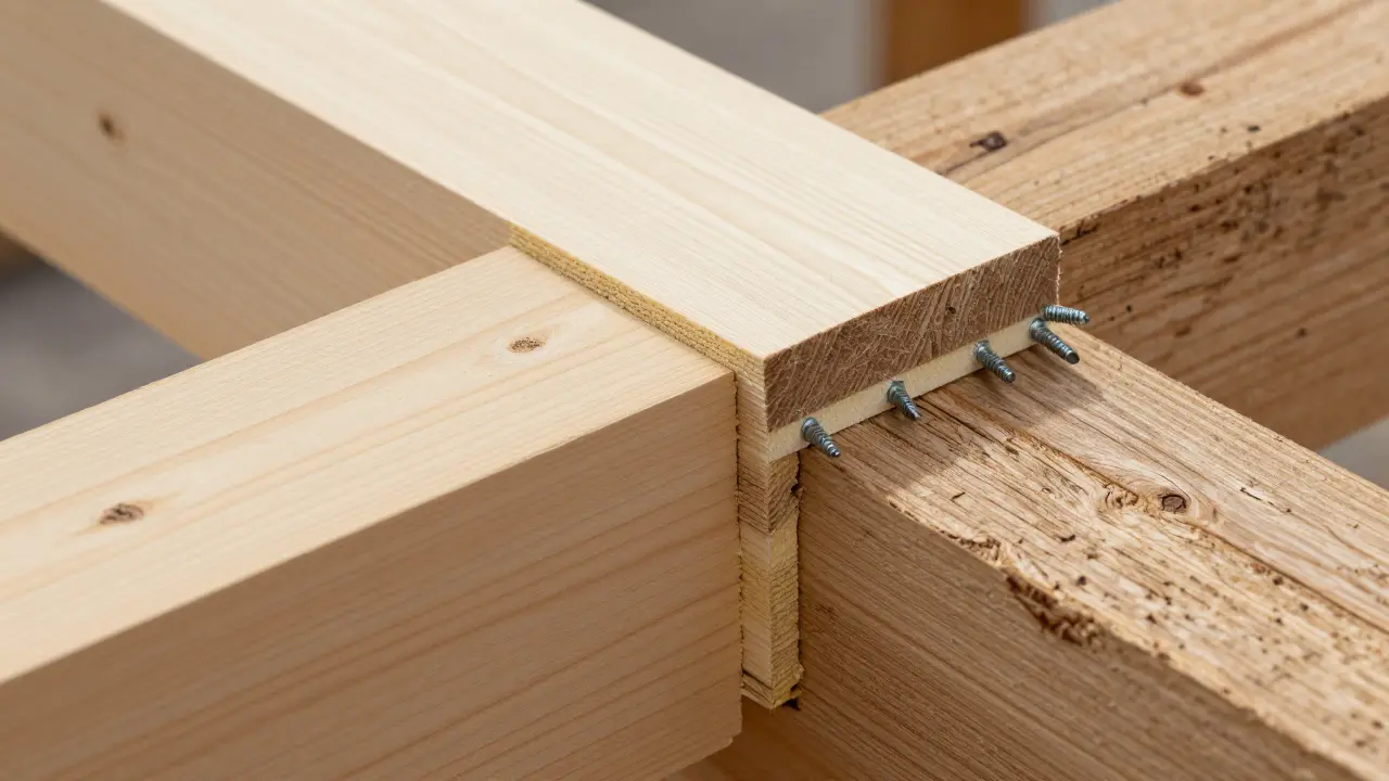 Montage von Schichtholzplatten an alten Holzbalken zur Verstärkung